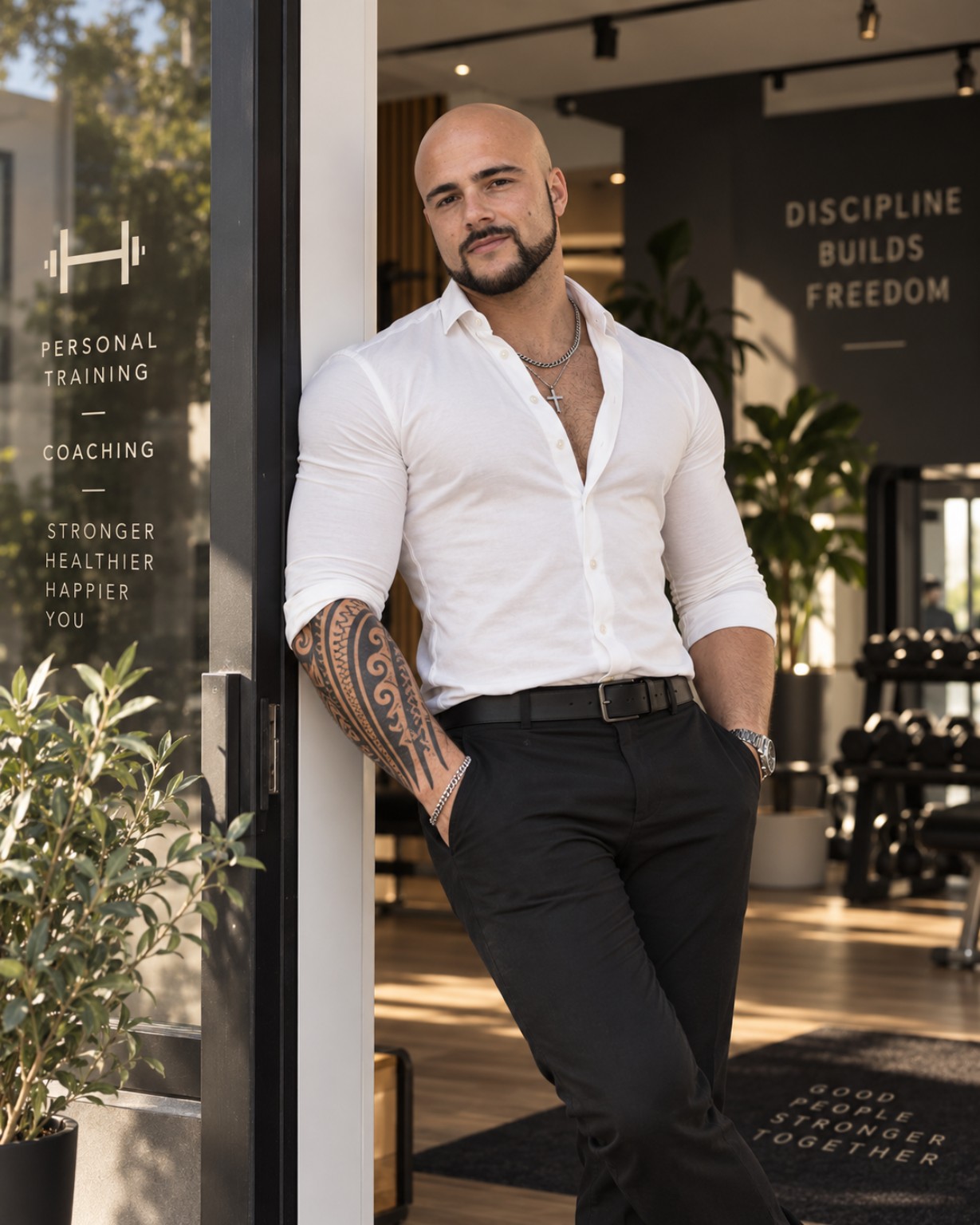 Kellan bij de ingang van de trainingsstudio